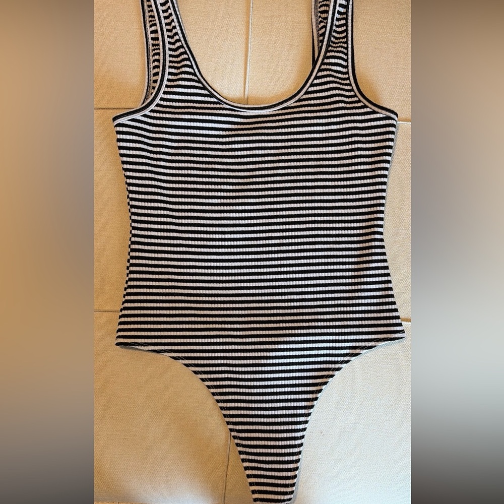 Black and White Striped Tank Cotton Bodysuit Medium